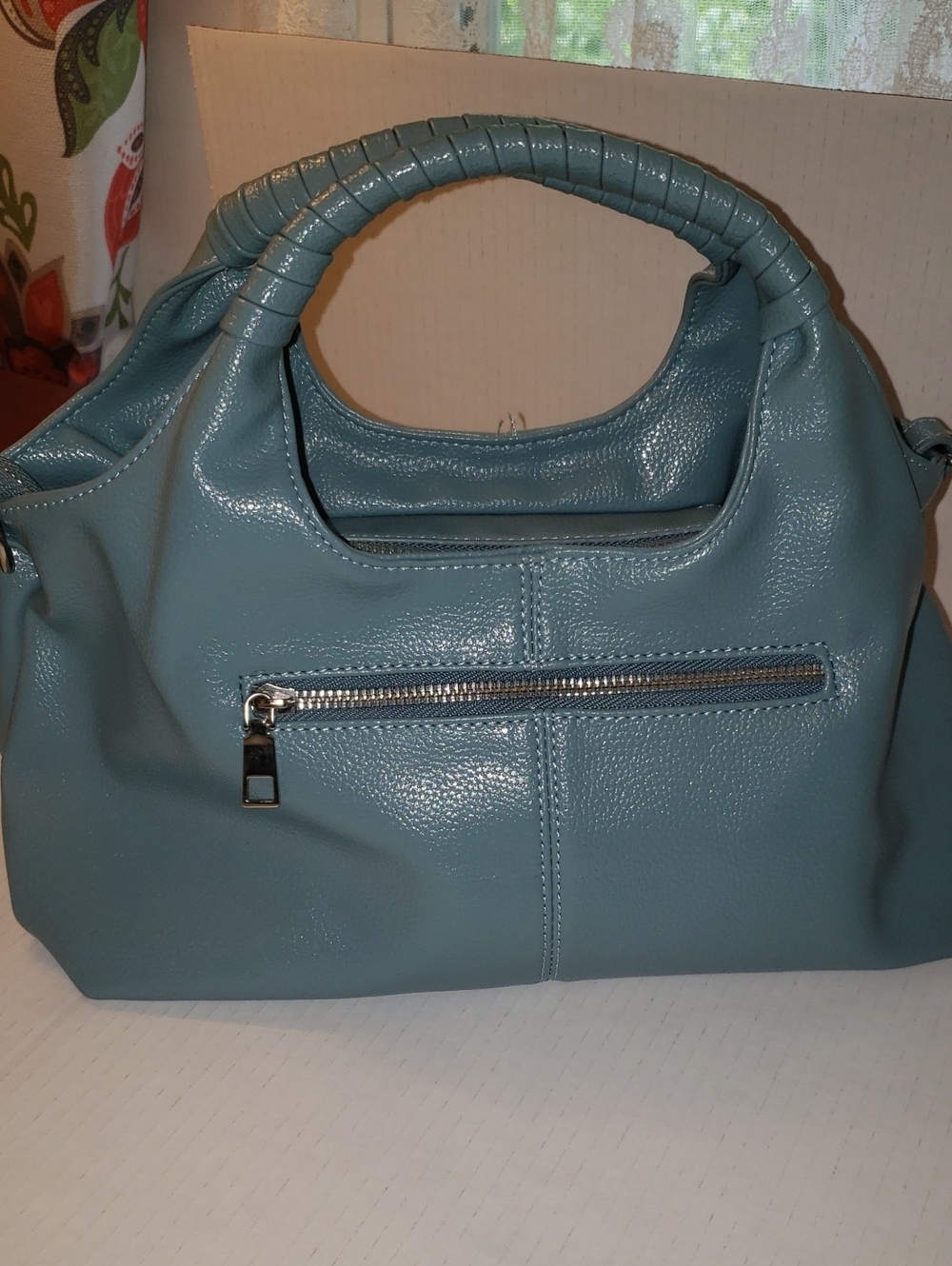 Classic Genuine Leather Satchel Crossbody Bag in Dusty Blue